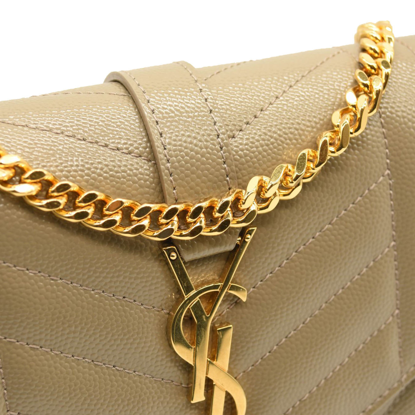 $1990 SAINT LAURENT Grain De Poudre Mixed Matelasse Triquilt Monogram Chain Wallet Dark Beige