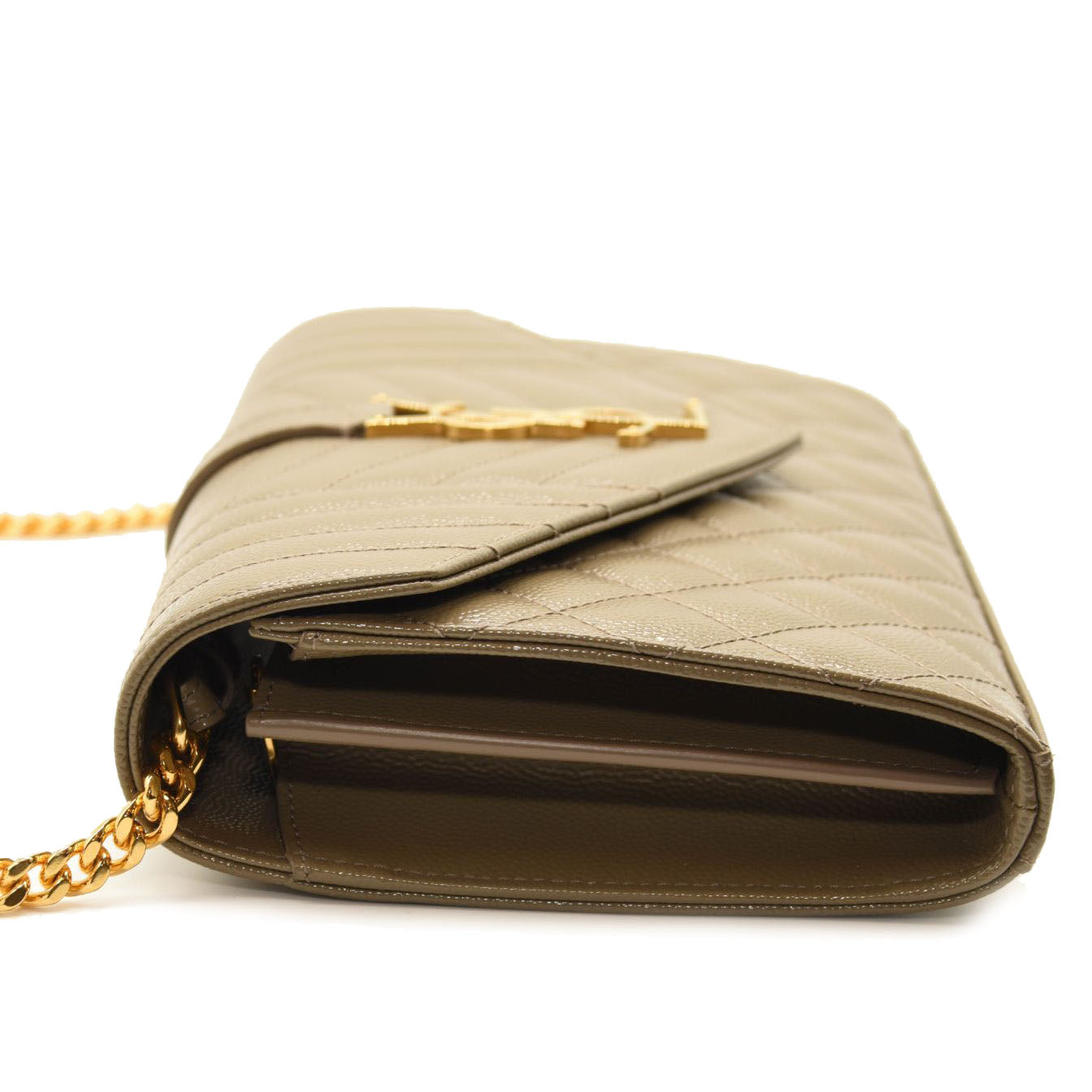 $1990 SAINT LAURENT Grain De Poudre Mixed Matelasse Triquilt Monogram Chain Wallet Dark Beige