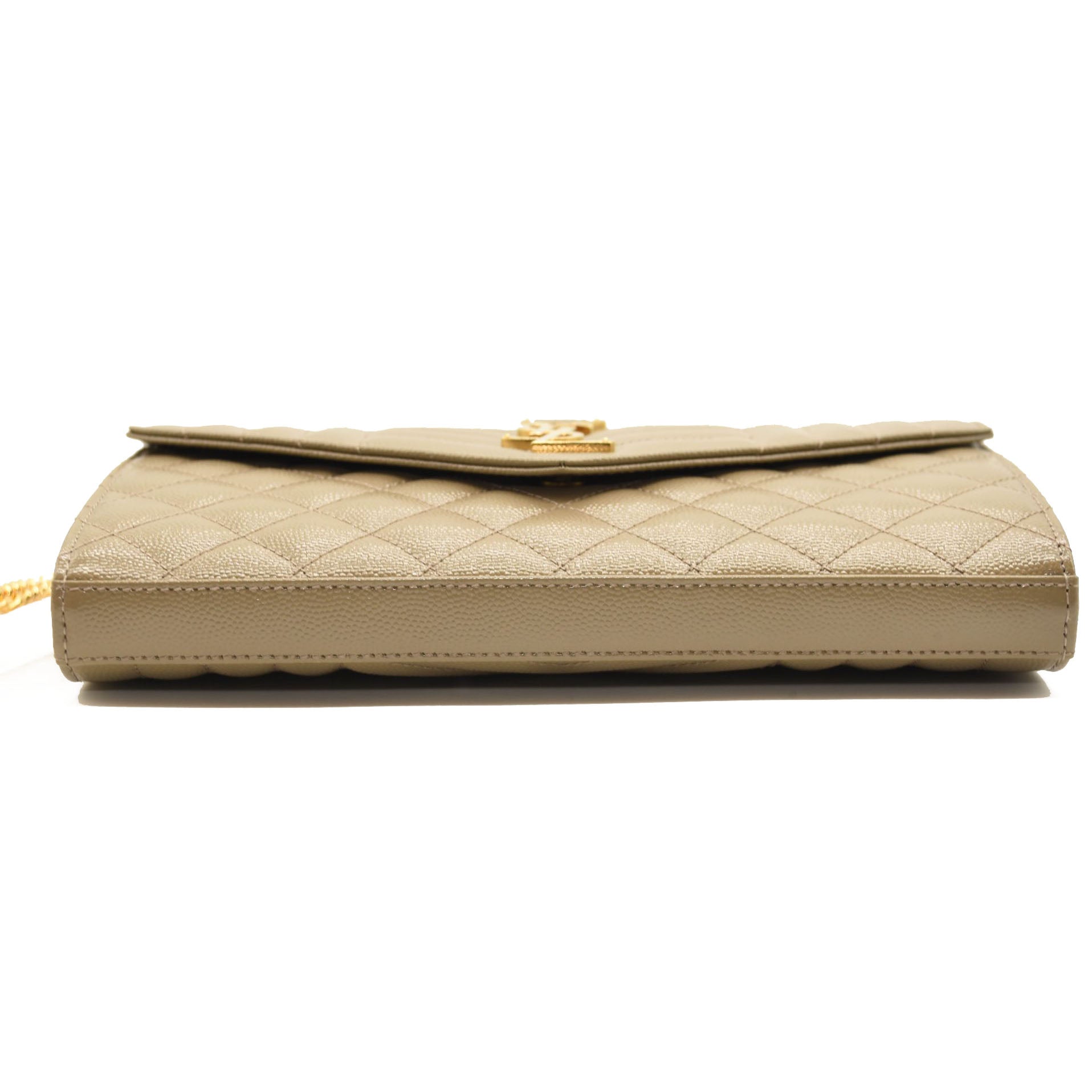 $1990 SAINT LAURENT Grain De Poudre Mixed Matelasse Triquilt Monogram Chain Wallet Dark Beige