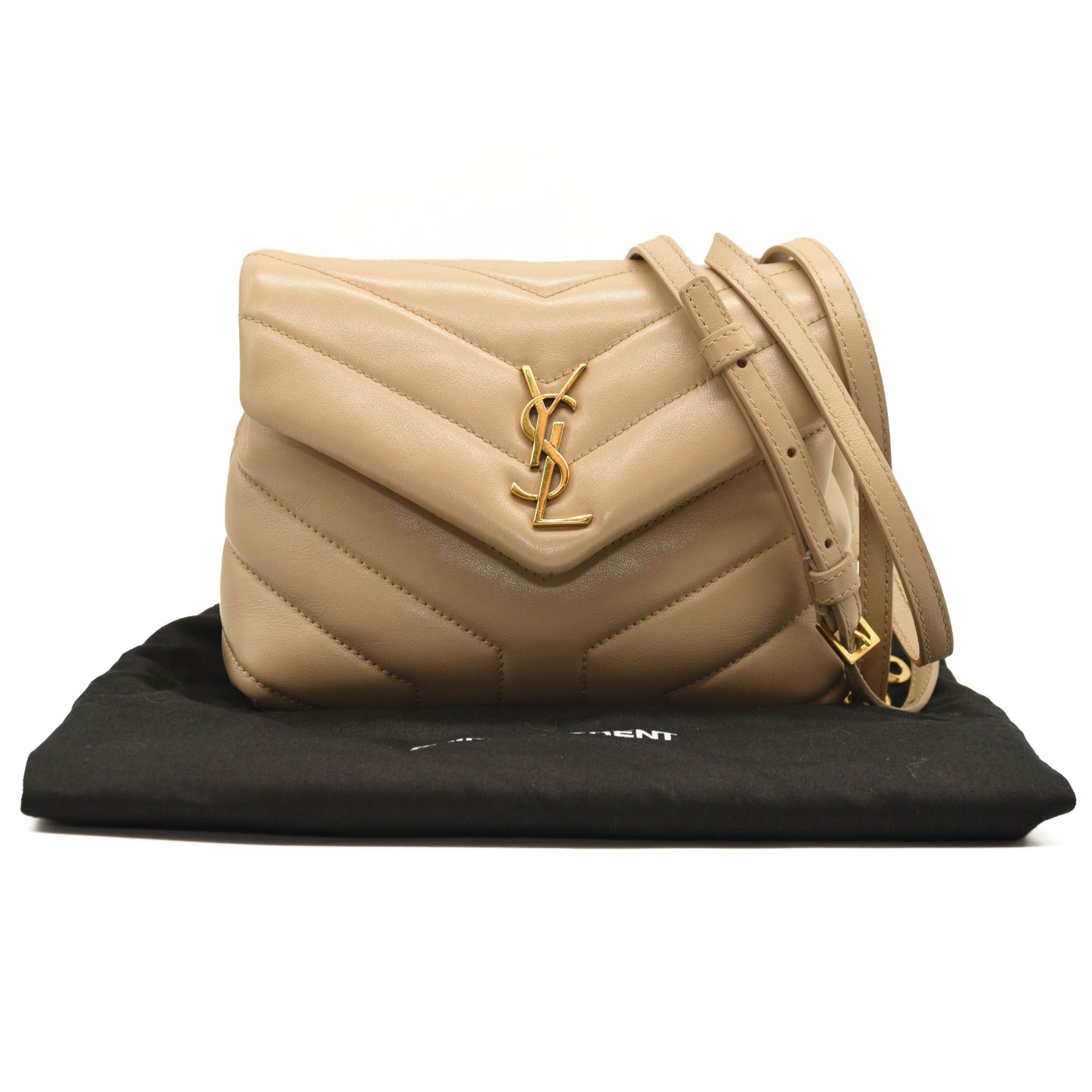 SAINT LAURENT Calfskin Y Quilted Monogram Toy Loulou Crossbody Bag Dark Beige