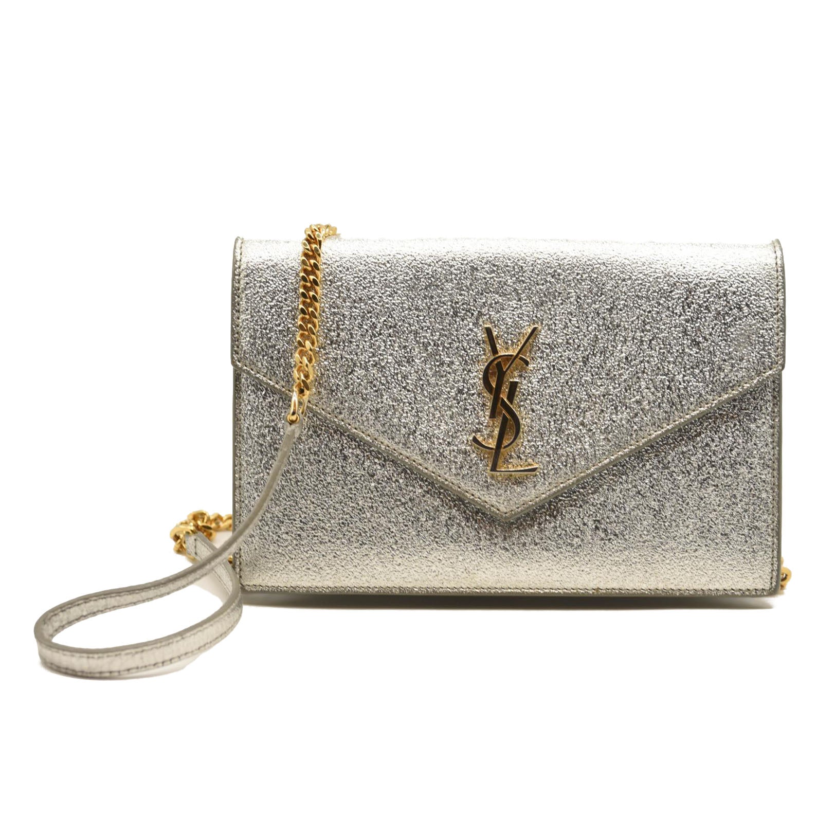 Saint Laurent Monogram Metallic Leather Wallet-on-Chain Bag Silver