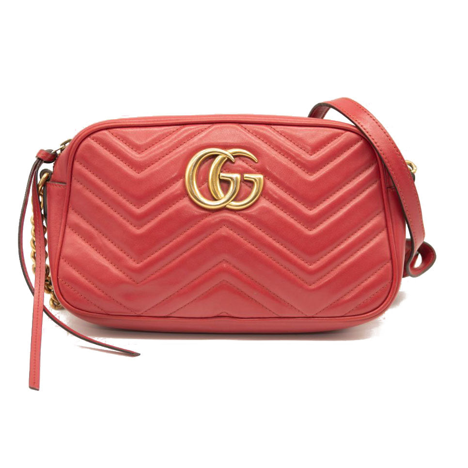 Gucci Calfskin Matelasse Small GG Marmont Chain Shoulder Bag Hibiscus Red