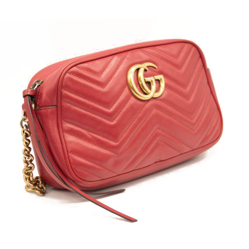 Gucci Calfskin Matelasse Small GG Marmont Chain Shoulder Bag Hibiscus Red