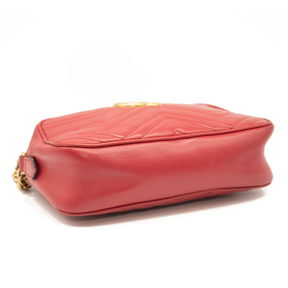 Gucci Calfskin Matelasse Small GG Marmont Chain Shoulder Bag Hibiscus Red