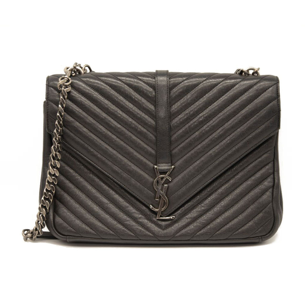 Saint Laurent Sheepskin Matelasse Chevron Monogram Large College Satchel Black