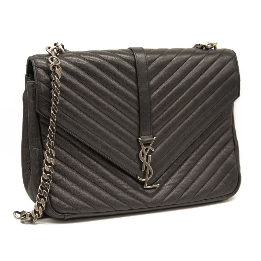 Saint Laurent Sheepskin Matelasse Chevron Monogram Large College Satchel Black