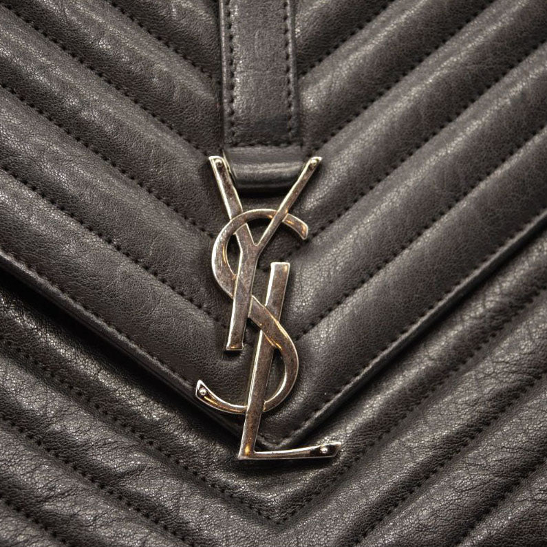 Saint Laurent Sheepskin Matelasse Chevron Monogram Large College Satchel Black