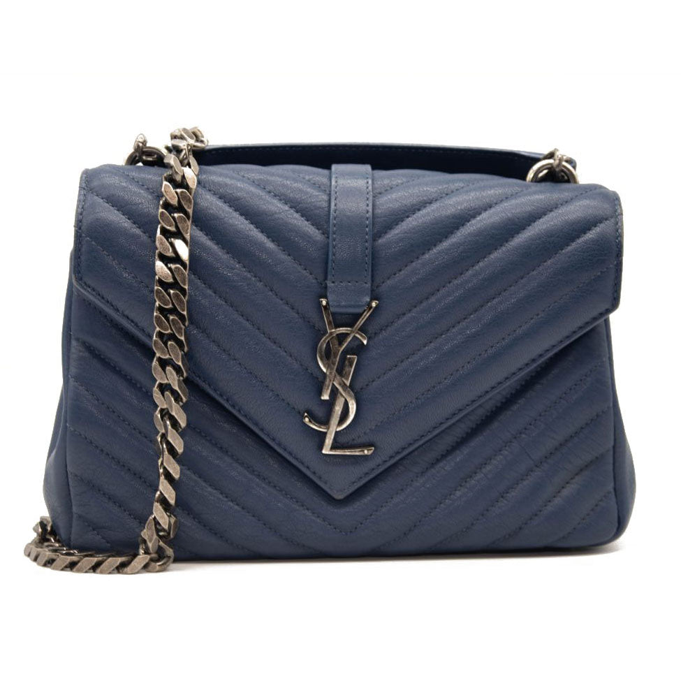 Saint Laurent Matelasse Chevron Monogram Medium College Bag Navy Blue