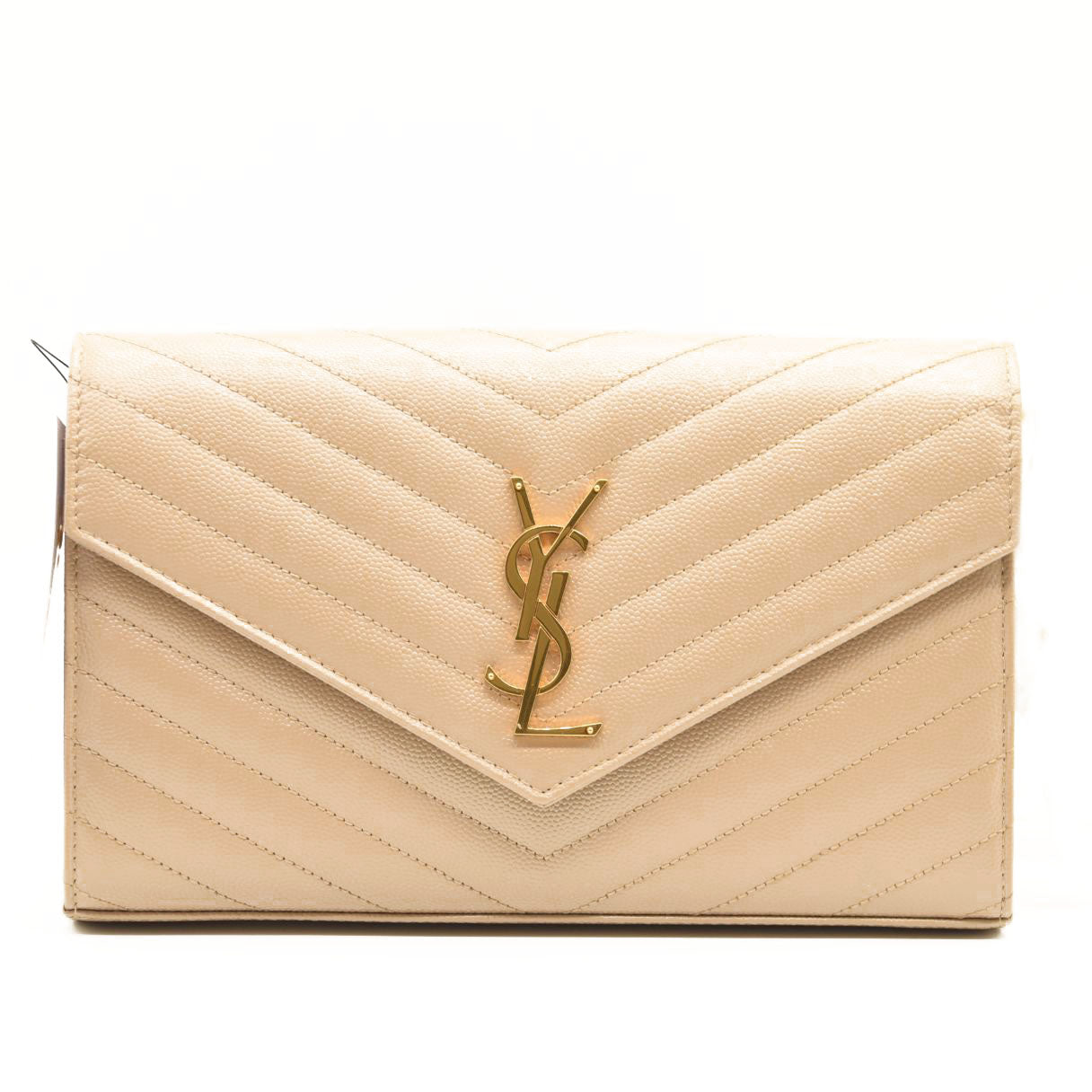 NEW SAINT LAURENT Grain De Poudre Matelasse Chevron Monogram Chain Wallet Dark Beige