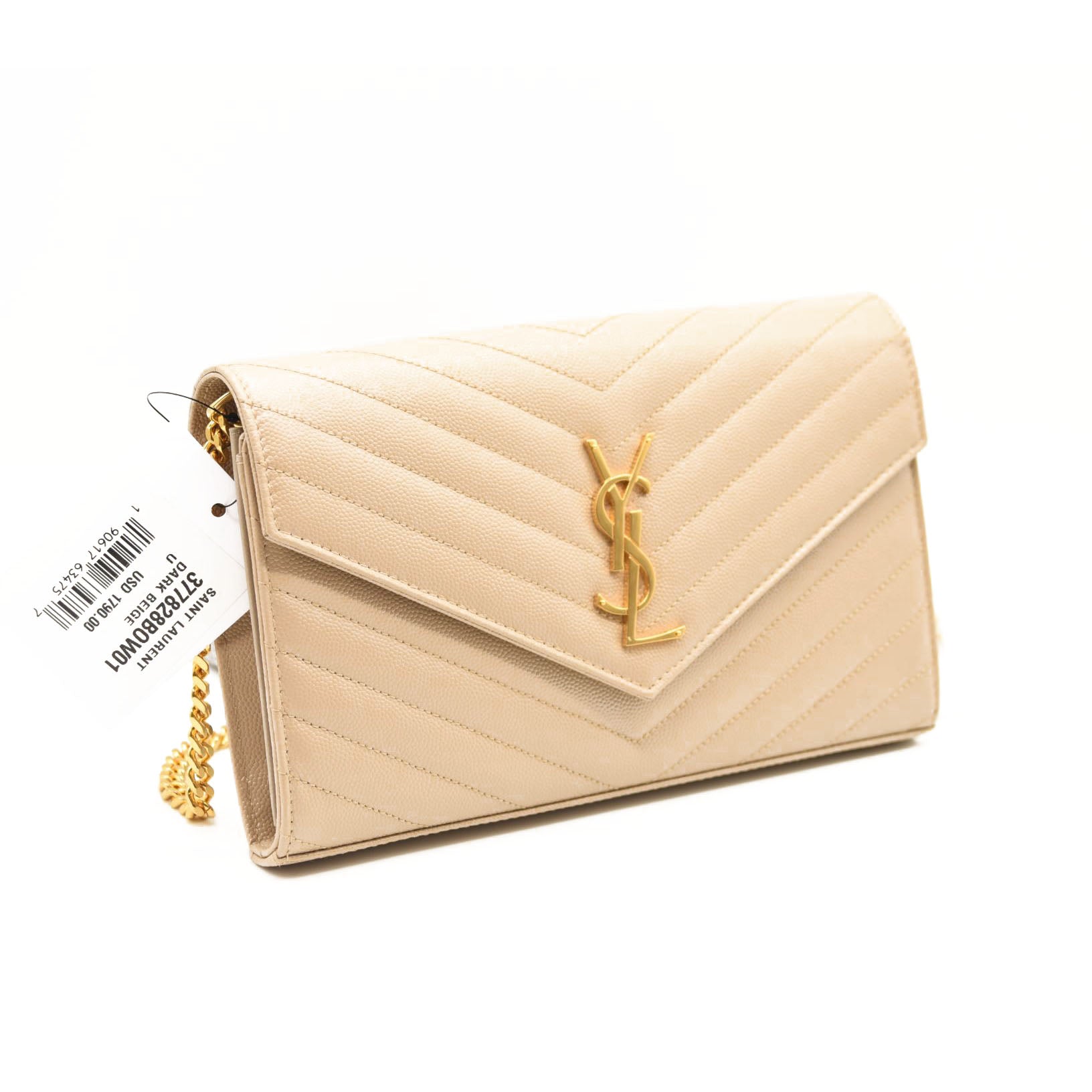 NEW SAINT LAURENT Grain De Poudre Matelasse Chevron Monogram Chain Wallet Dark Beige