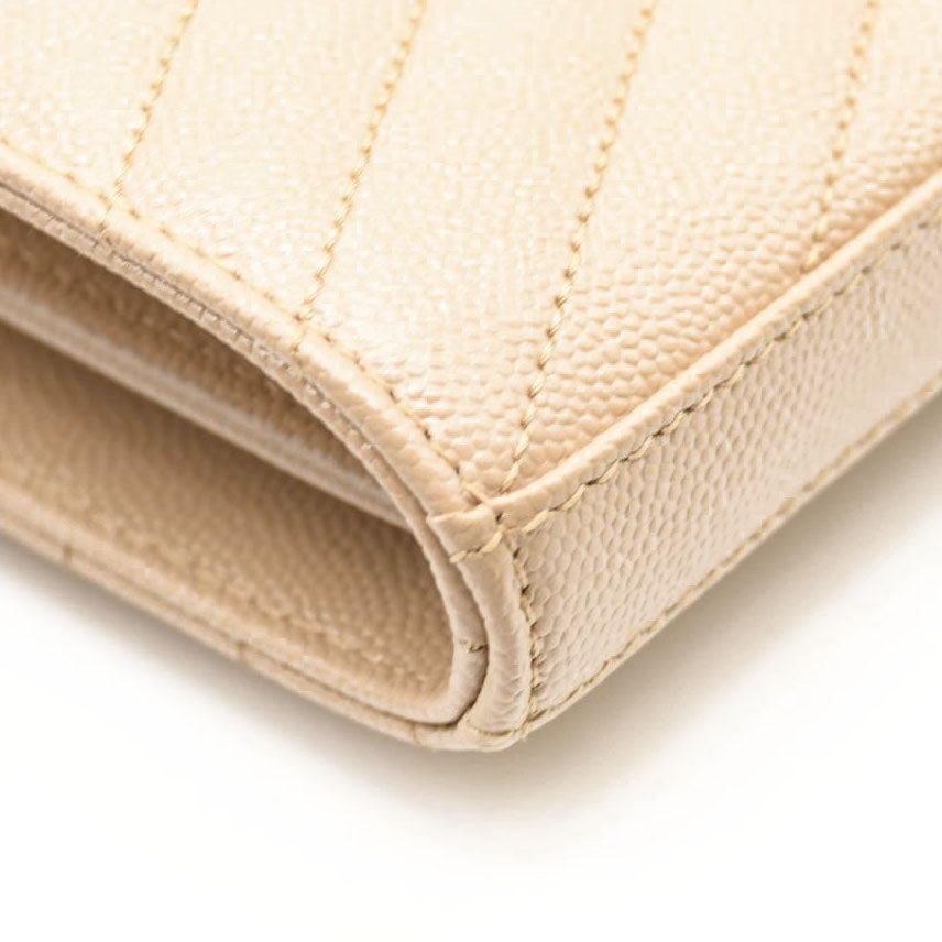 NEW SAINT LAURENT Grain De Poudre Matelasse Chevron Monogram Chain Wallet Dark Beige