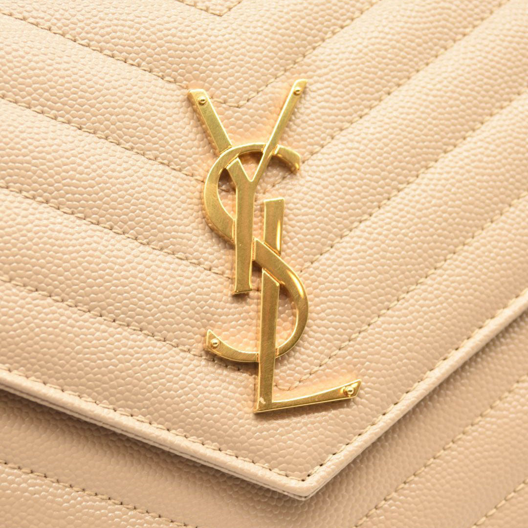 NEW SAINT LAURENT Grain De Poudre Matelasse Chevron Monogram Chain Wallet Dark Beige