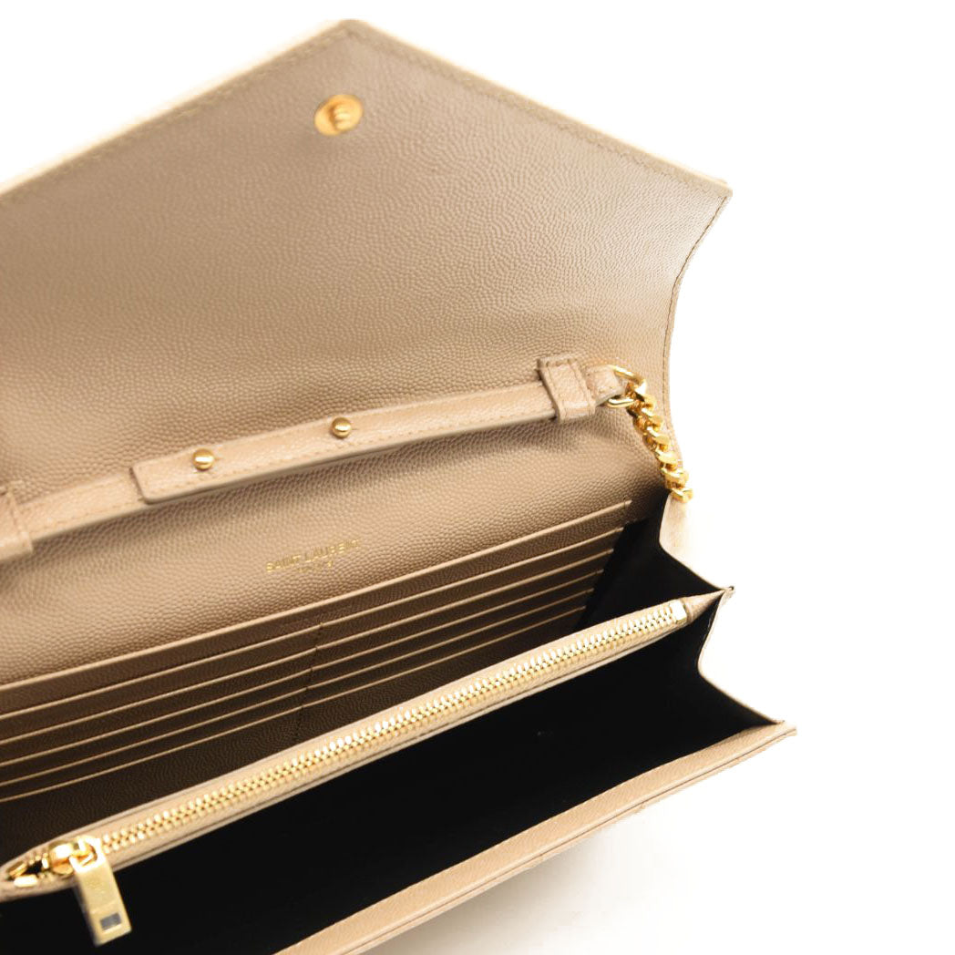 NEW SAINT LAURENT Grain De Poudre Matelasse Chevron Monogram Chain Wallet Dark Beige