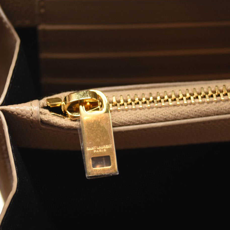 NEW SAINT LAURENT Grain De Poudre Matelasse Chevron Monogram Chain Wallet Dark Beige