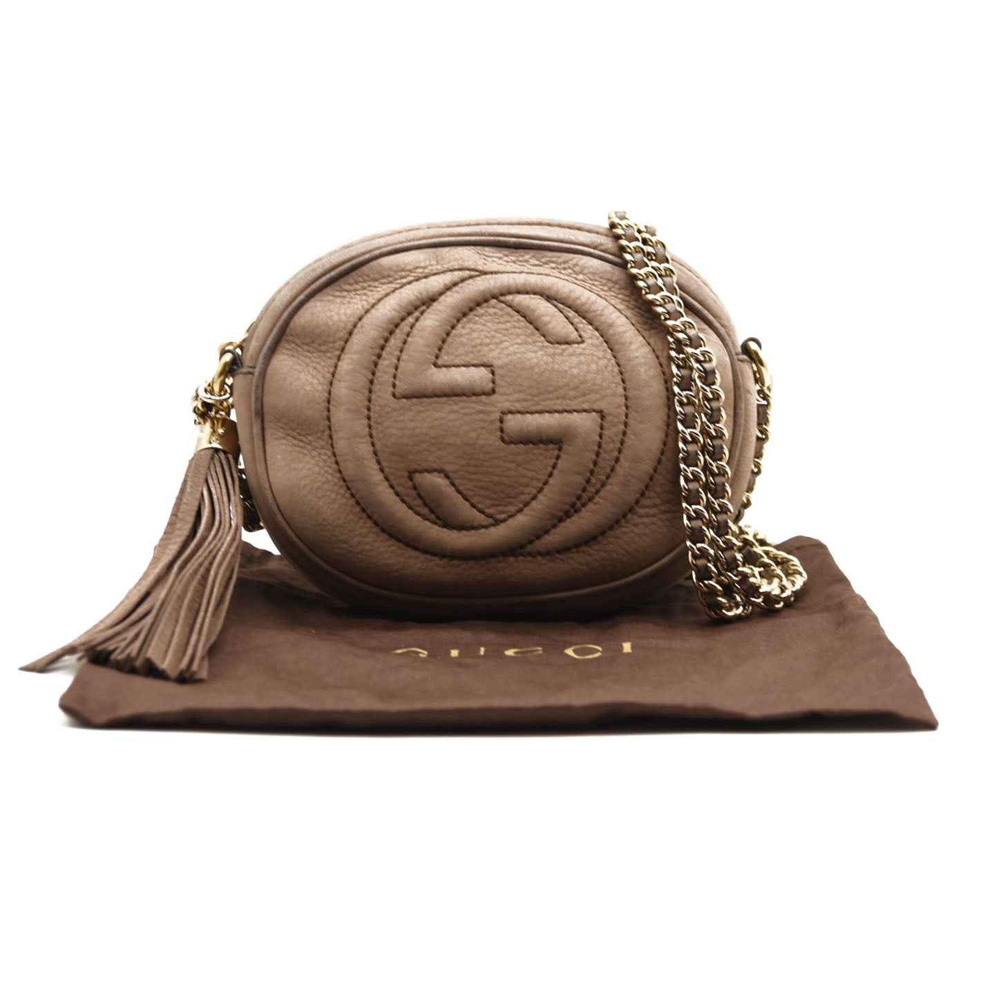 GUCCI Pebbled Calfskin Mini Soho Chain Bag Camelia
