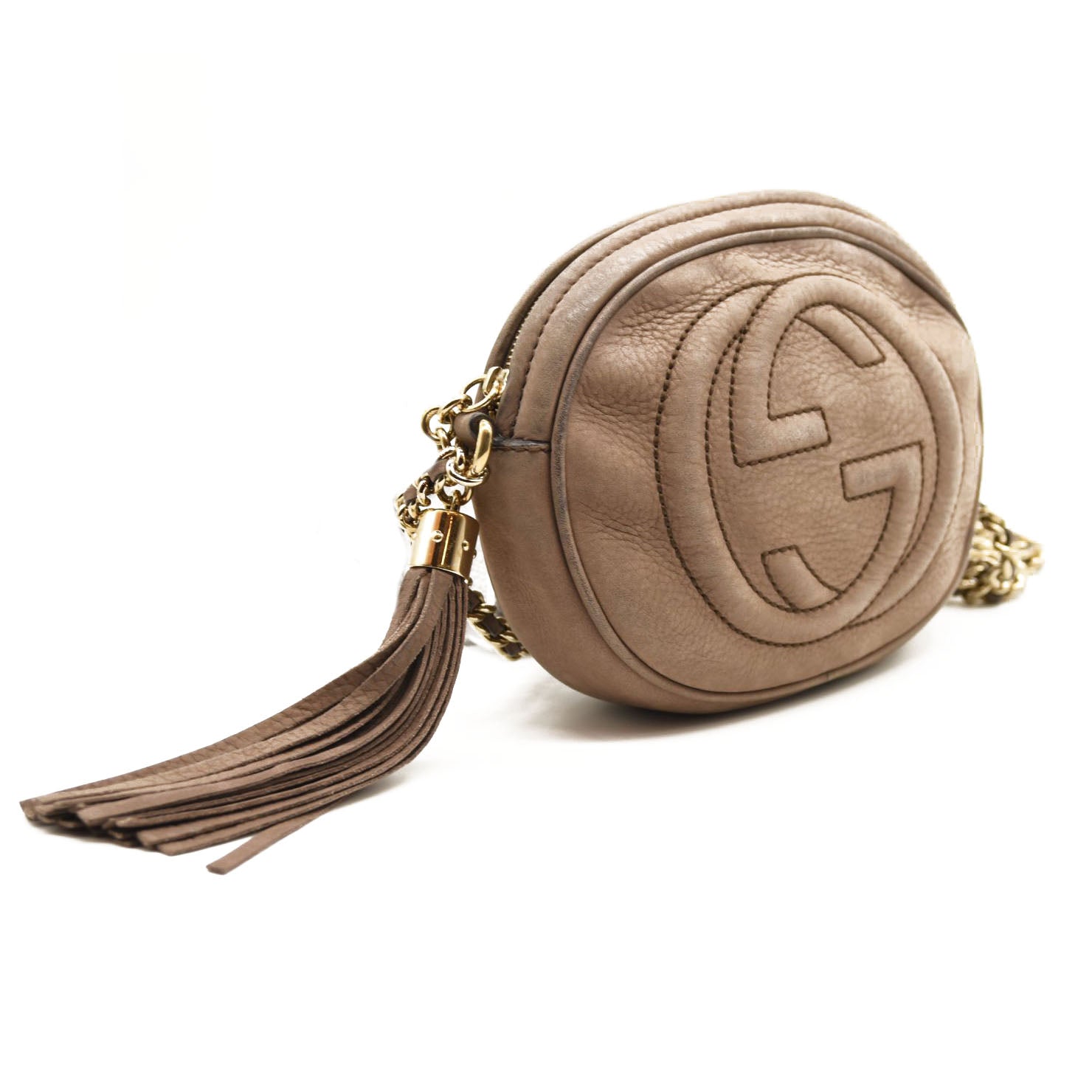 GUCCI Pebbled Calfskin Mini Soho Chain Bag Camelia