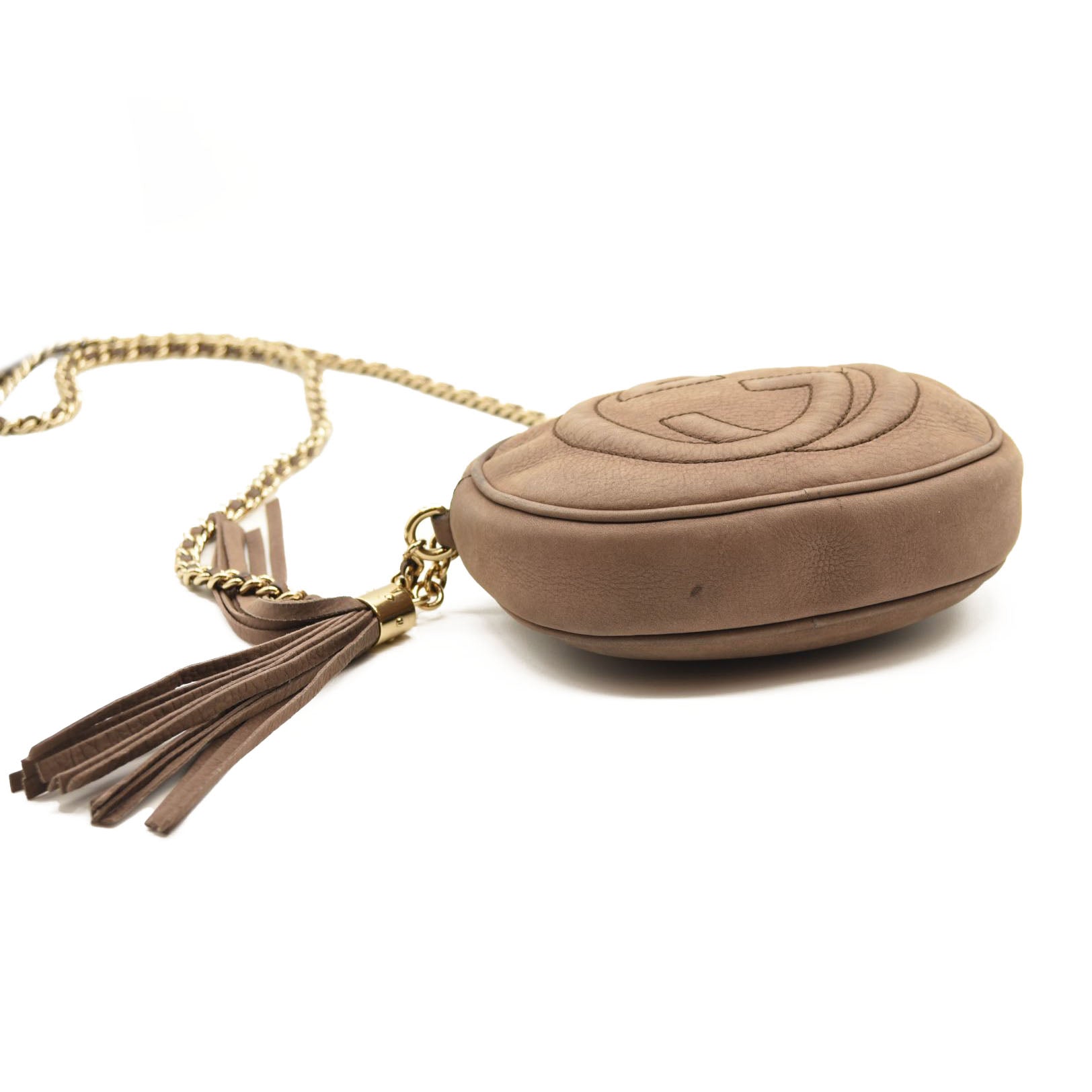 GUCCI Pebbled Calfskin Mini Soho Chain Bag Camelia