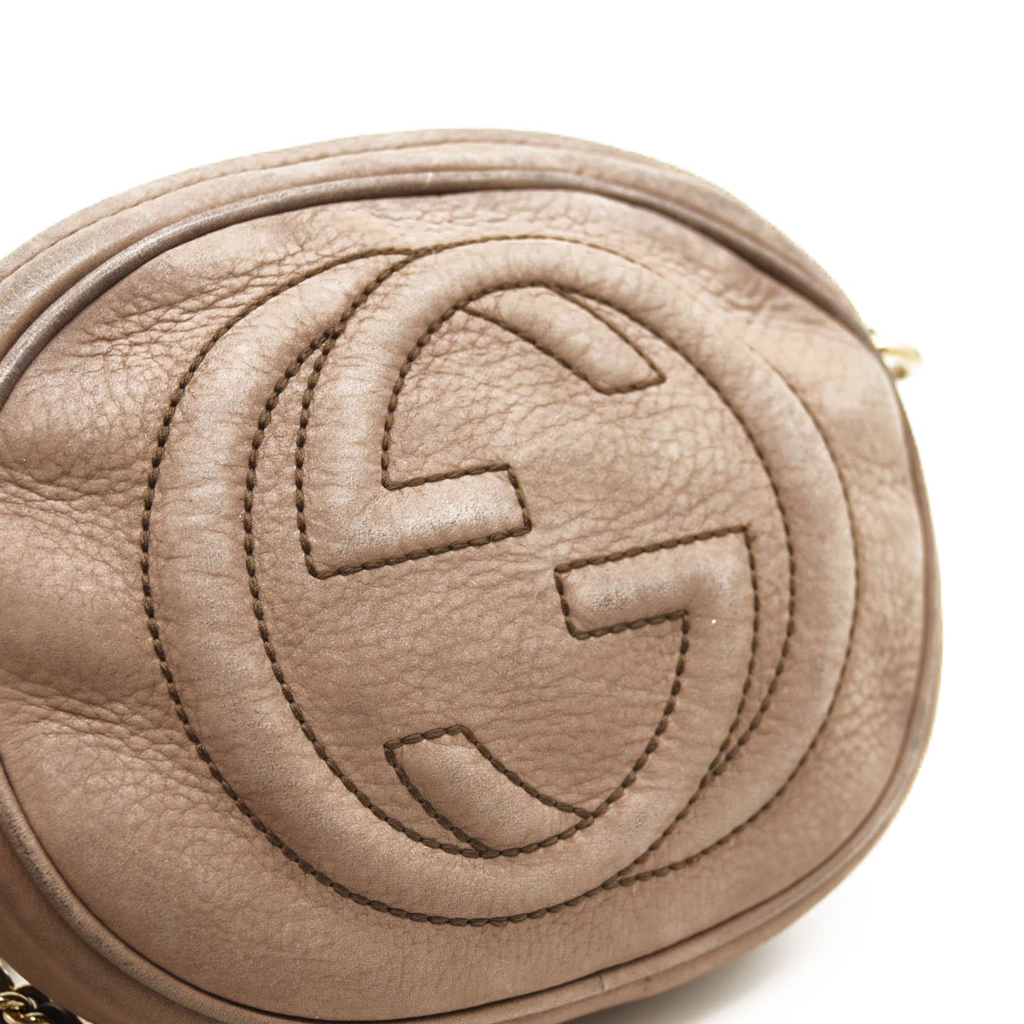 GUCCI Pebbled Calfskin Mini Soho Chain Bag Camelia