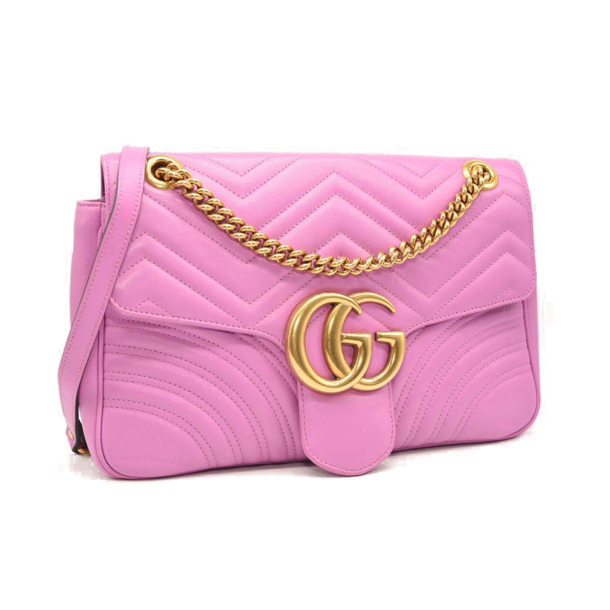 USED Gucci Calfskin Matelasse Medium GG Marmont Shoulder Bag Candy Mousse