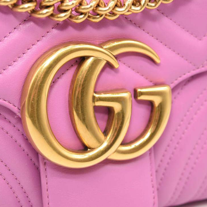 USED Gucci Calfskin Matelasse Medium GG Marmont Shoulder Bag Candy Mousse