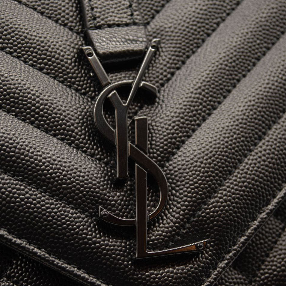 NEW Saint Laurent Grain De Poudre Textured Mixed Matelasse Triquilt Medium Monogram Satchel Black