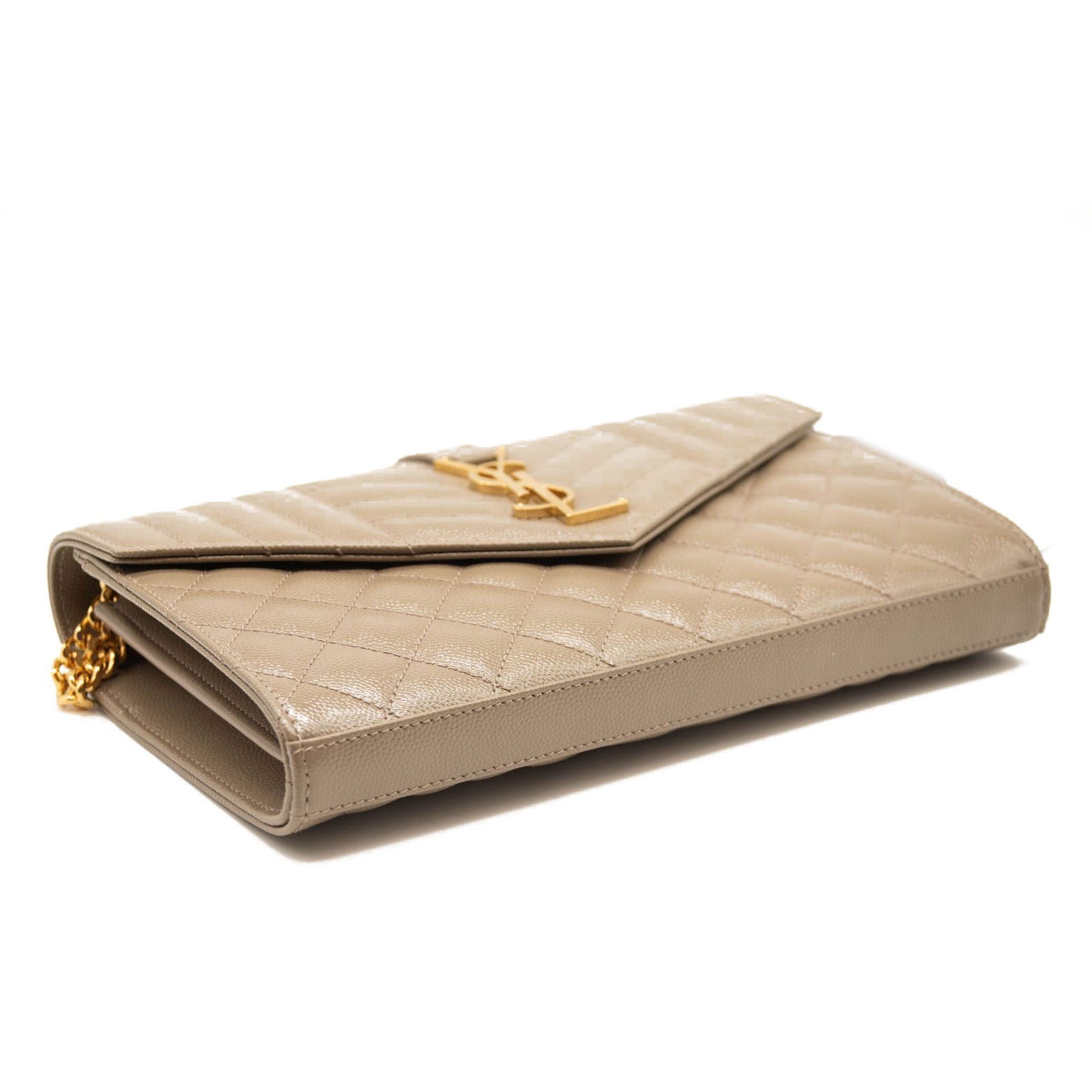 NEW Saint Laurent Envelope Wallet On Chain Bag Mixed Matelasse Dark Beige
