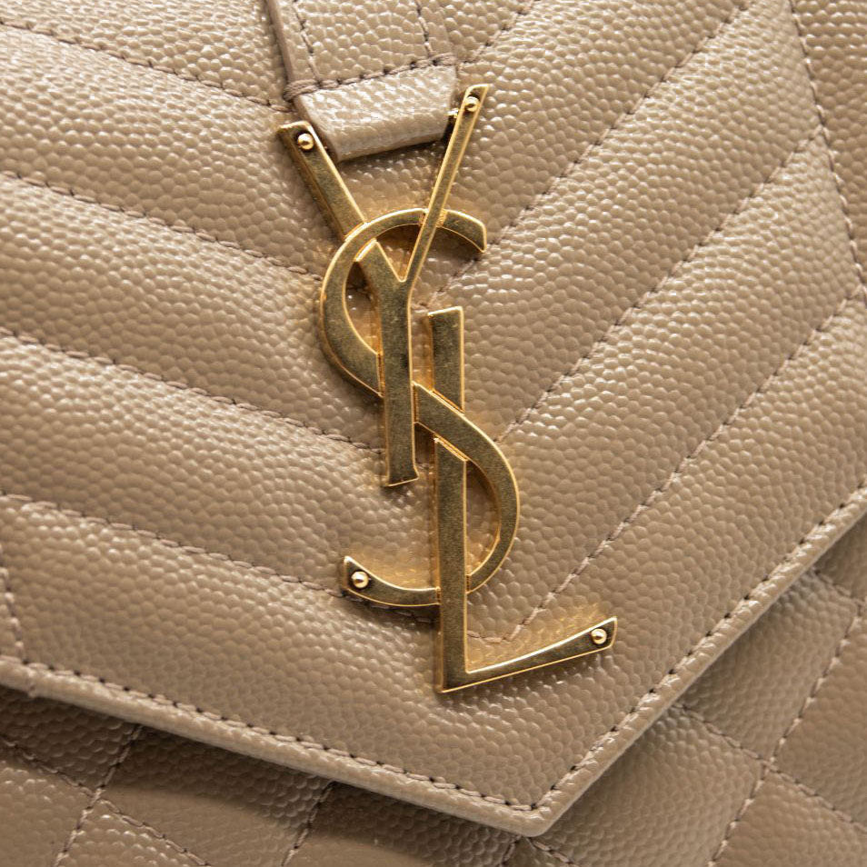 NEW Saint Laurent Envelope Wallet On Chain Bag Mixed Matelasse Dark Beige