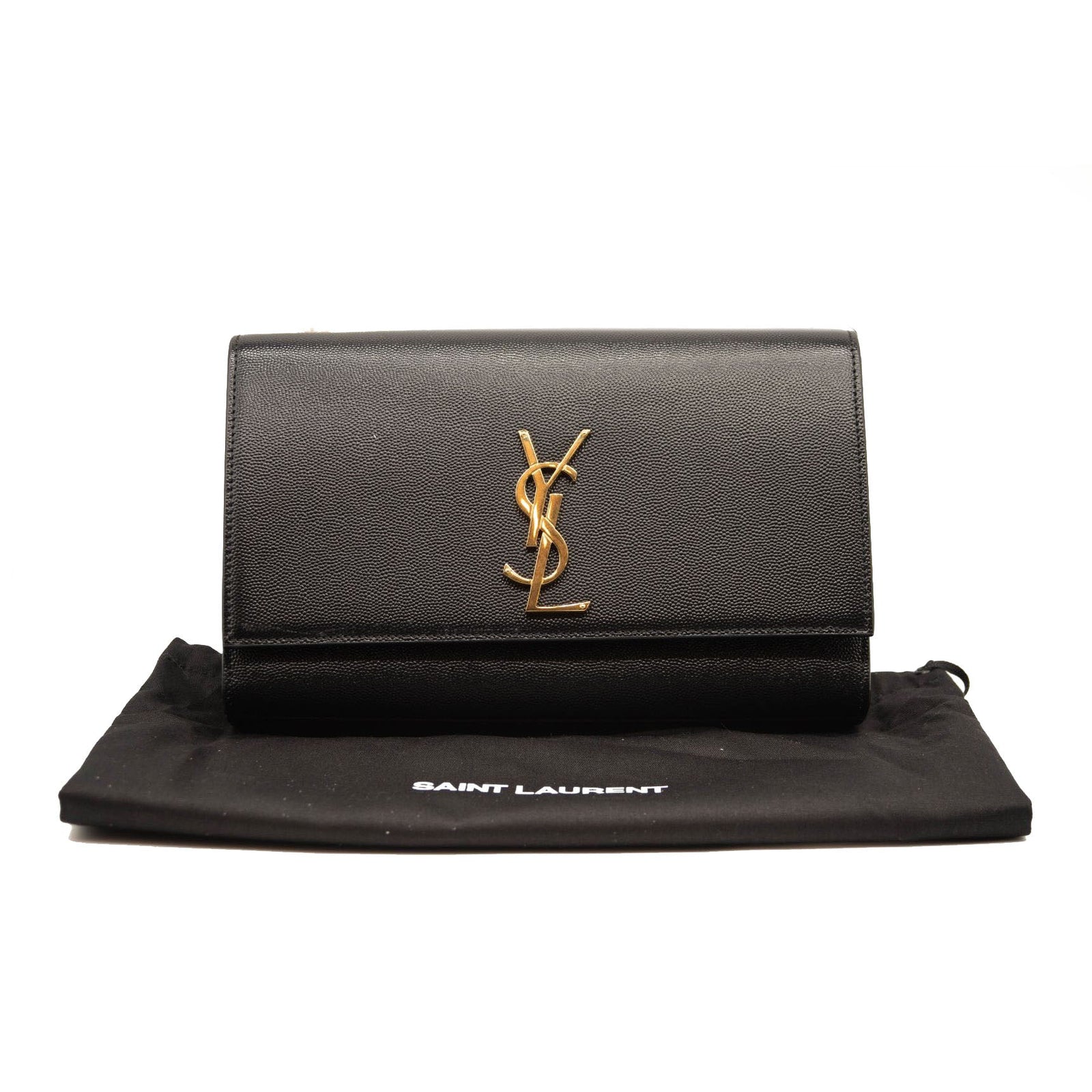 NEW Saint Laurent Grain De Poudre Medium Classic Monogram Kate Satchel Black Gold