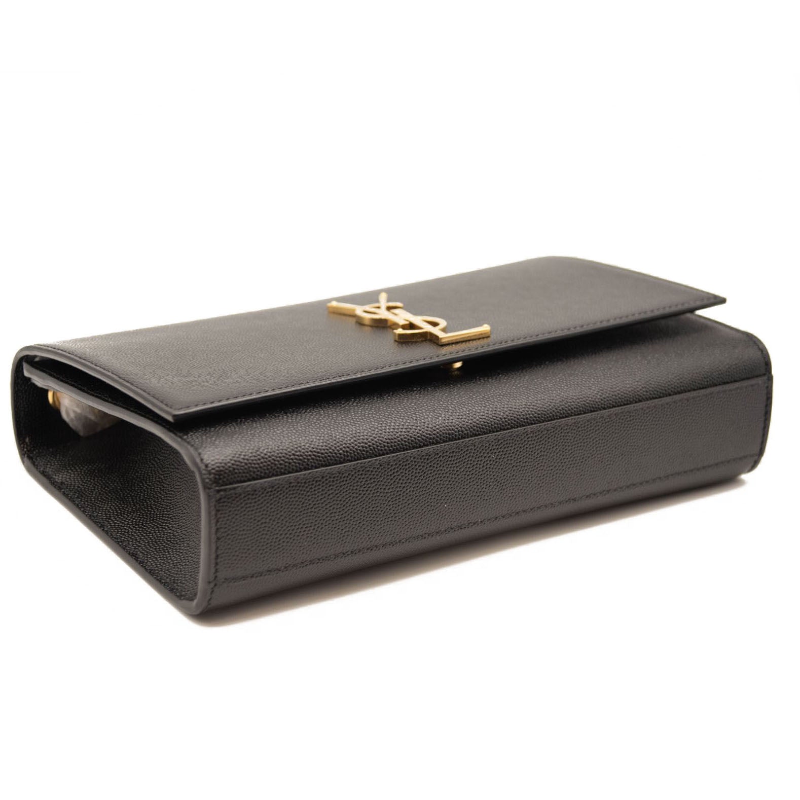 NEW Saint Laurent Grain De Poudre Medium Classic Monogram Kate Satchel Black Gold