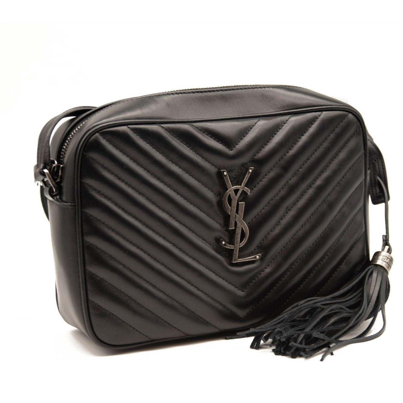 NEW Saint Laurent Lou Camera Medium Zip Leather Shoulder Bag Silver