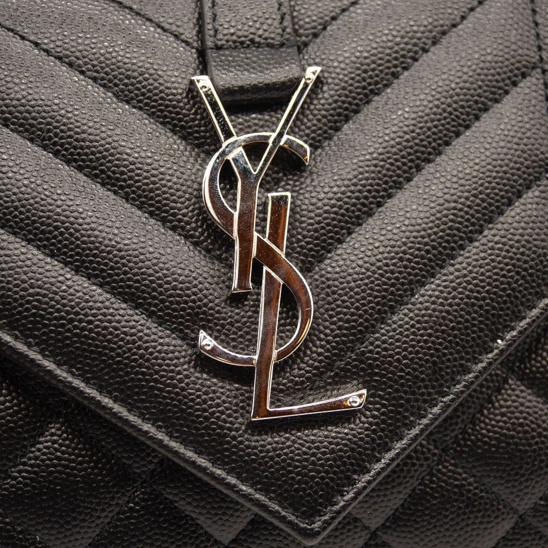 NEW SAINT LAURENT Grain De Poudre Textured Mixed Matelasse Triquilt Small Monogram Satchel Black