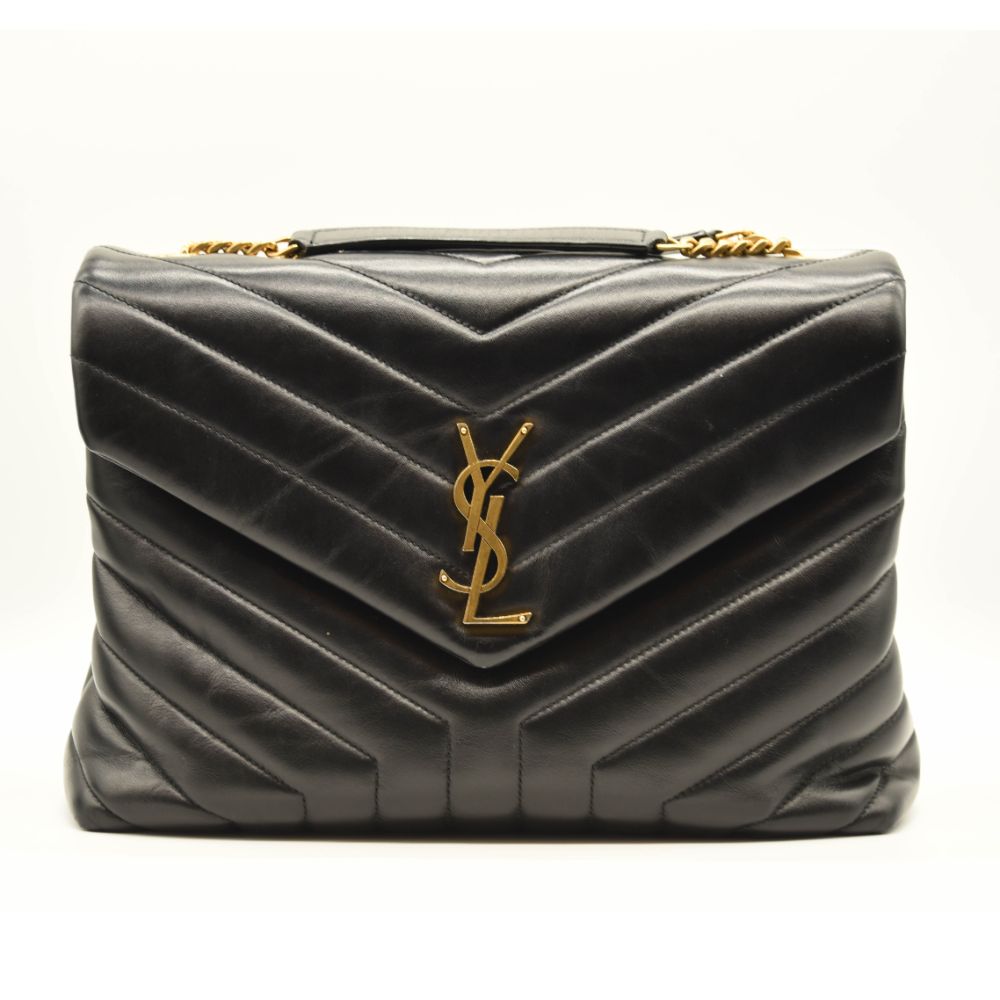 SAINT LAURENT Calfskin Y Quilted Monogram Medium Loulou Chain Satchel Black