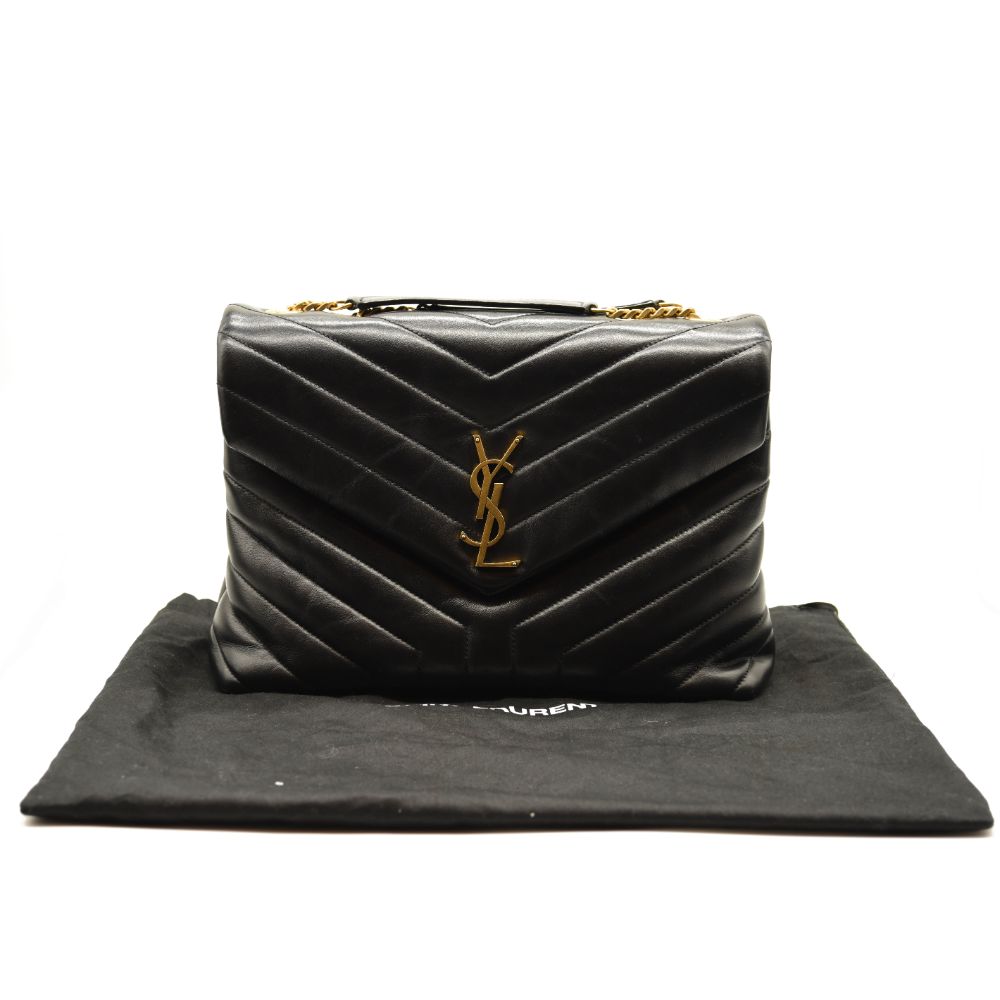 SAINT LAURENT Calfskin Y Quilted Monogram Medium Loulou Chain Satchel Black