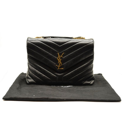 SAINT LAURENT Calfskin Y Quilted Monogram Medium Loulou Chain Satchel Black