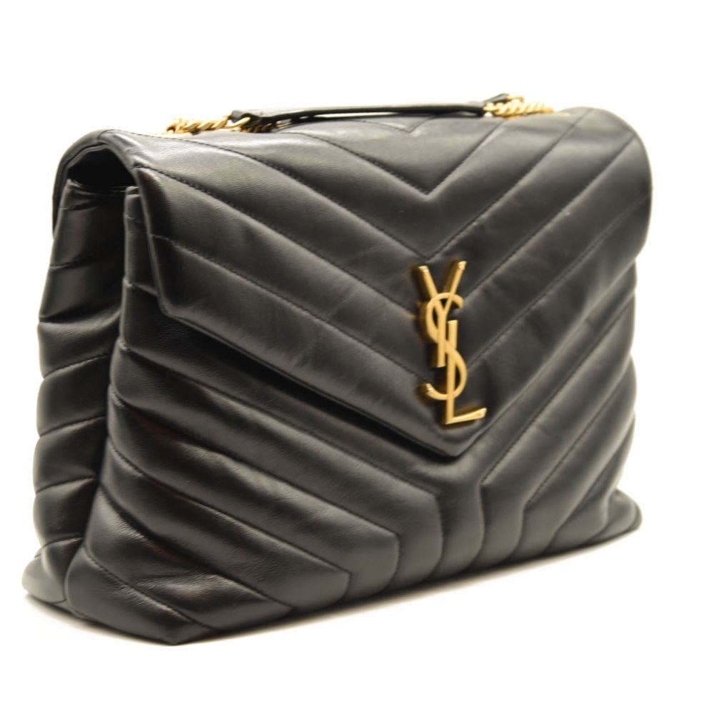 SAINT LAURENT Calfskin Y Quilted Monogram Medium Loulou Chain Satchel Black