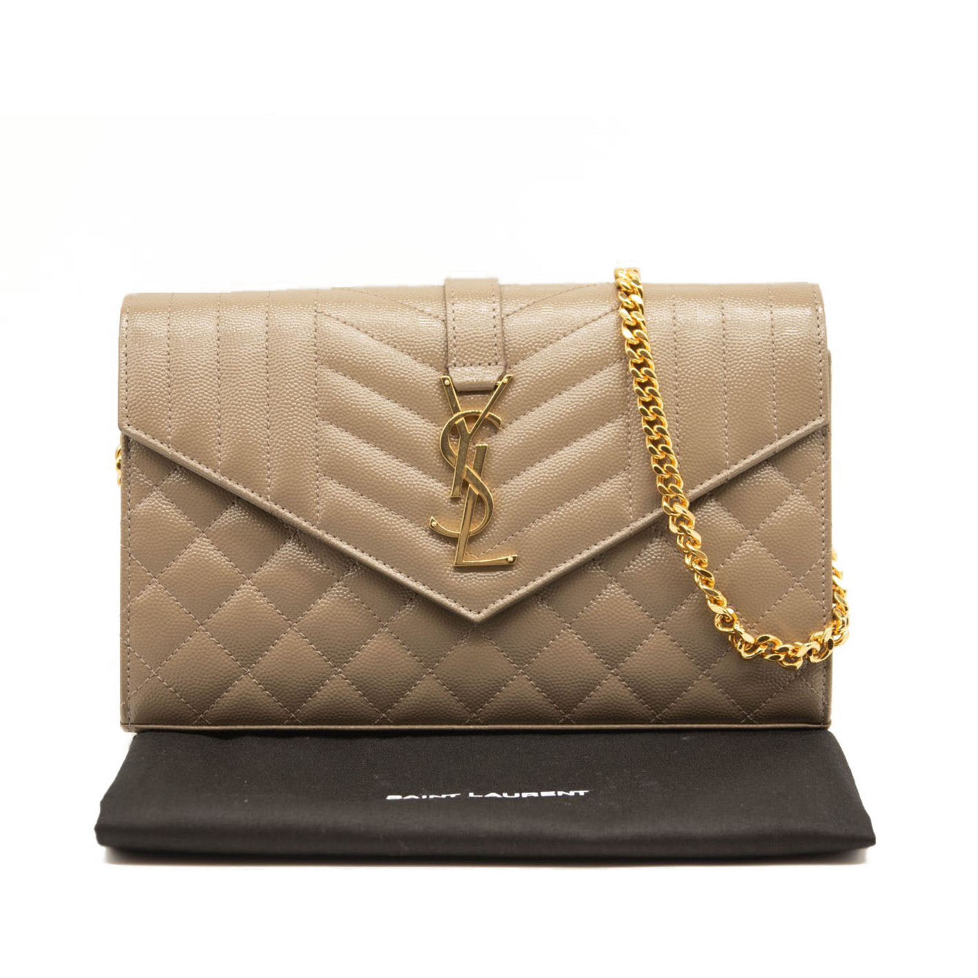 NEW SAINT LAURENT Grain De Poudre Mixed Matelasse Triquilt Monogram Chain Wallet Dark Beige