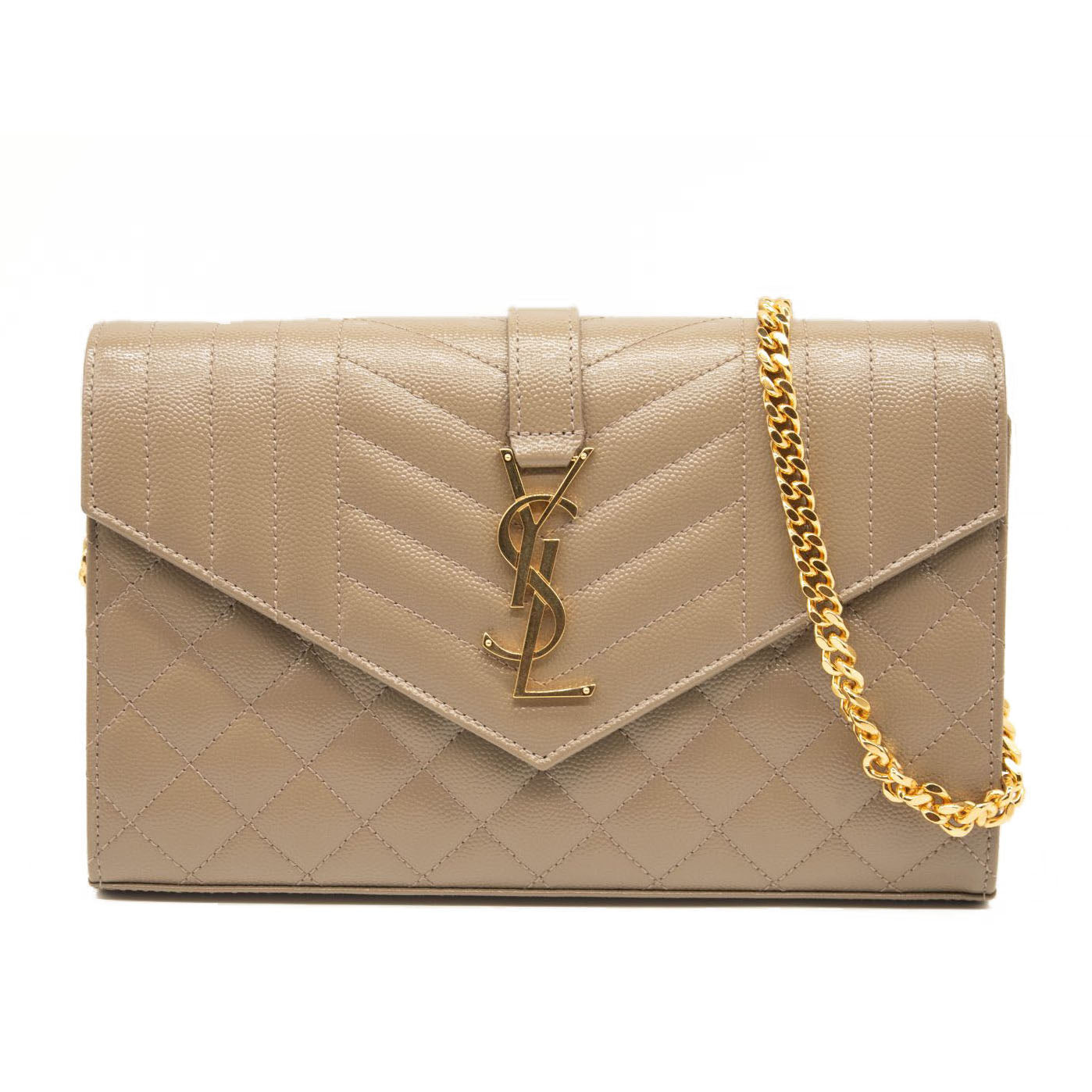 NEW SAINT LAURENT Grain De Poudre Mixed Matelasse Triquilt Monogram Chain Wallet Dark Beige