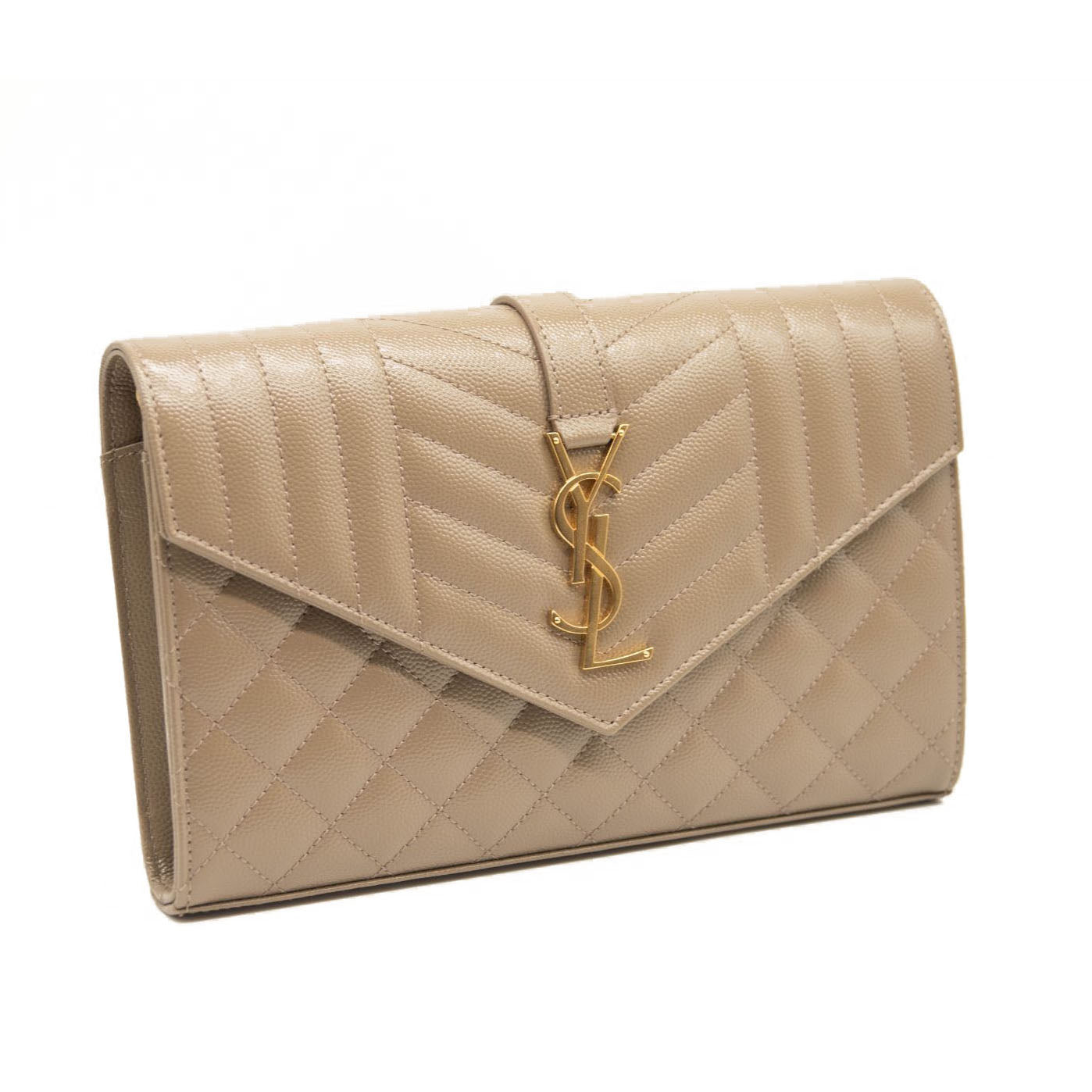 NEW SAINT LAURENT Grain De Poudre Mixed Matelasse Triquilt Monogram Chain Wallet Dark Beige