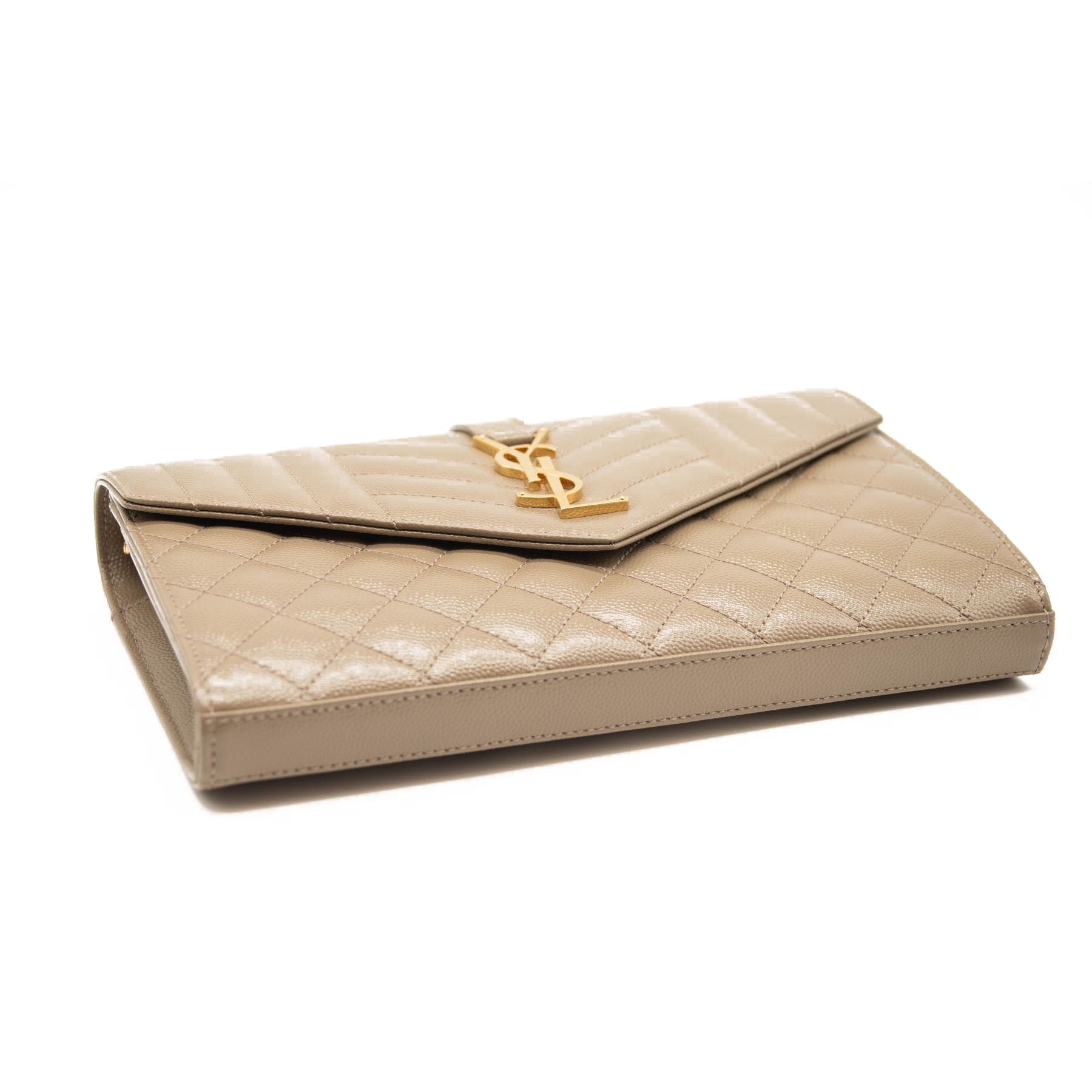 NEW SAINT LAURENT Grain De Poudre Mixed Matelasse Triquilt Monogram Chain Wallet Dark Beige