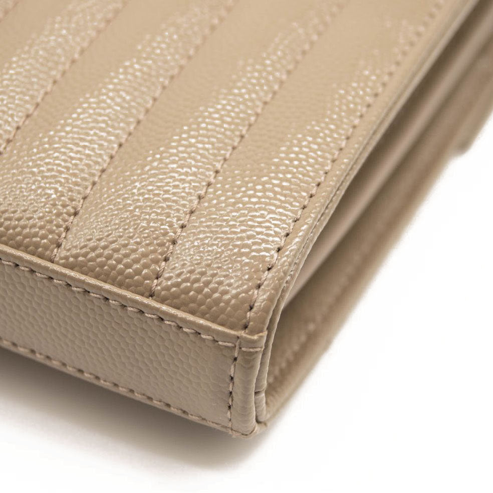 NEW SAINT LAURENT Grain De Poudre Mixed Matelasse Triquilt Monogram Chain Wallet Dark Beige