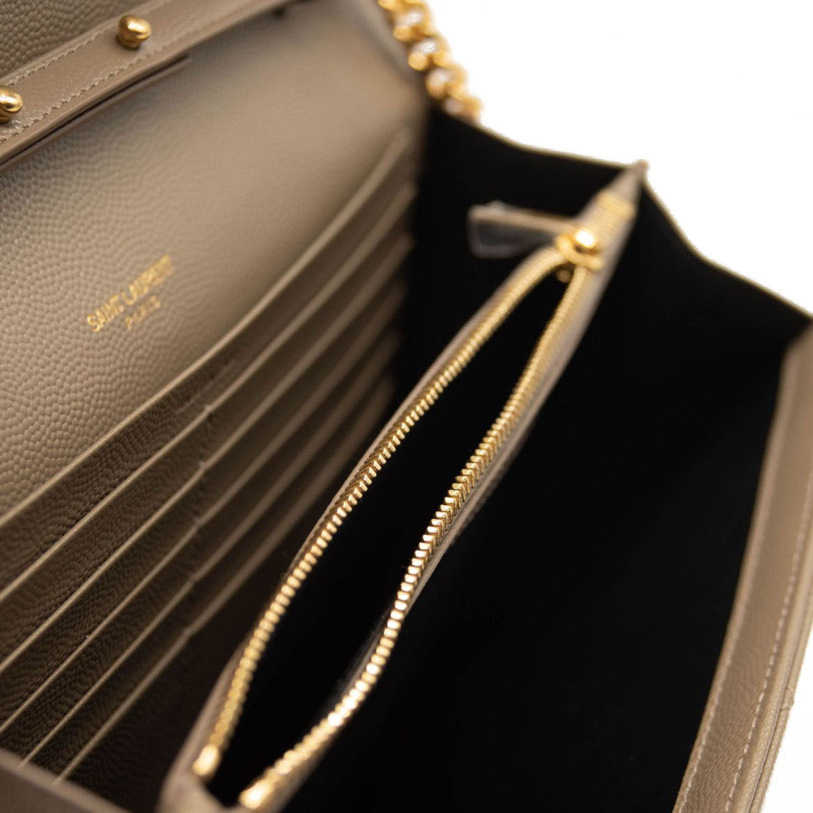 NEW SAINT LAURENT Grain De Poudre Mixed Matelasse Triquilt Monogram Chain Wallet Dark Beige