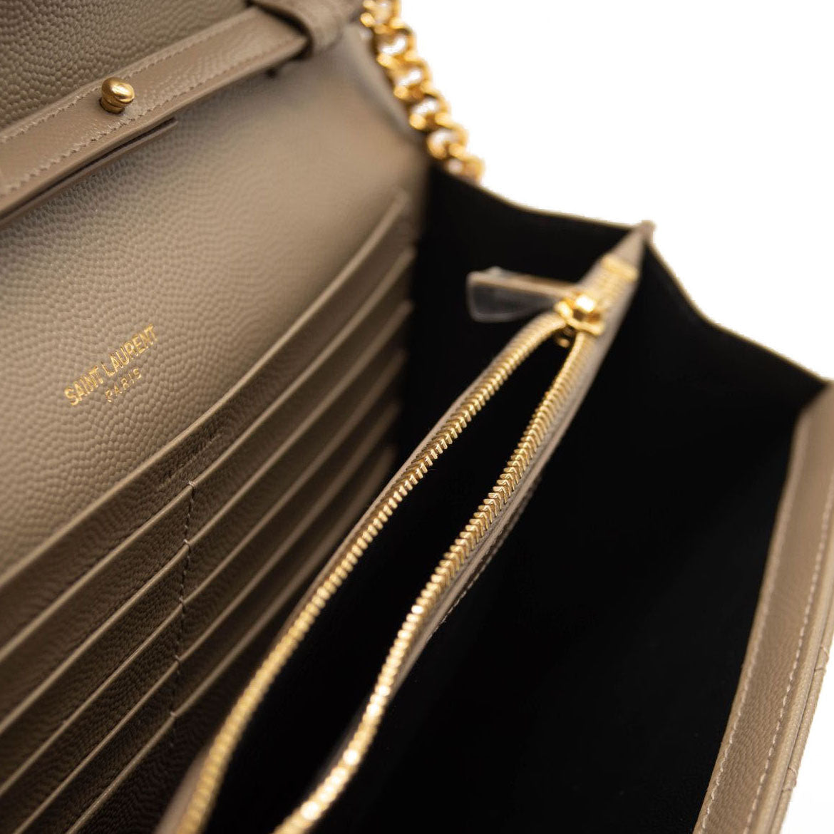 NEW SAINT LAURENT Grain De Poudre Mixed Matelasse Triquilt Monogram Chain Wallet Dark Beige