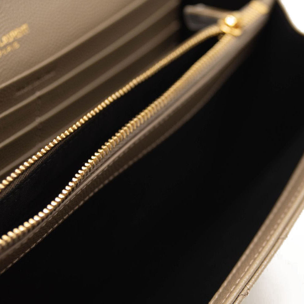 NEW SAINT LAURENT Grain De Poudre Mixed Matelasse Triquilt Monogram Chain Wallet Dark Beige