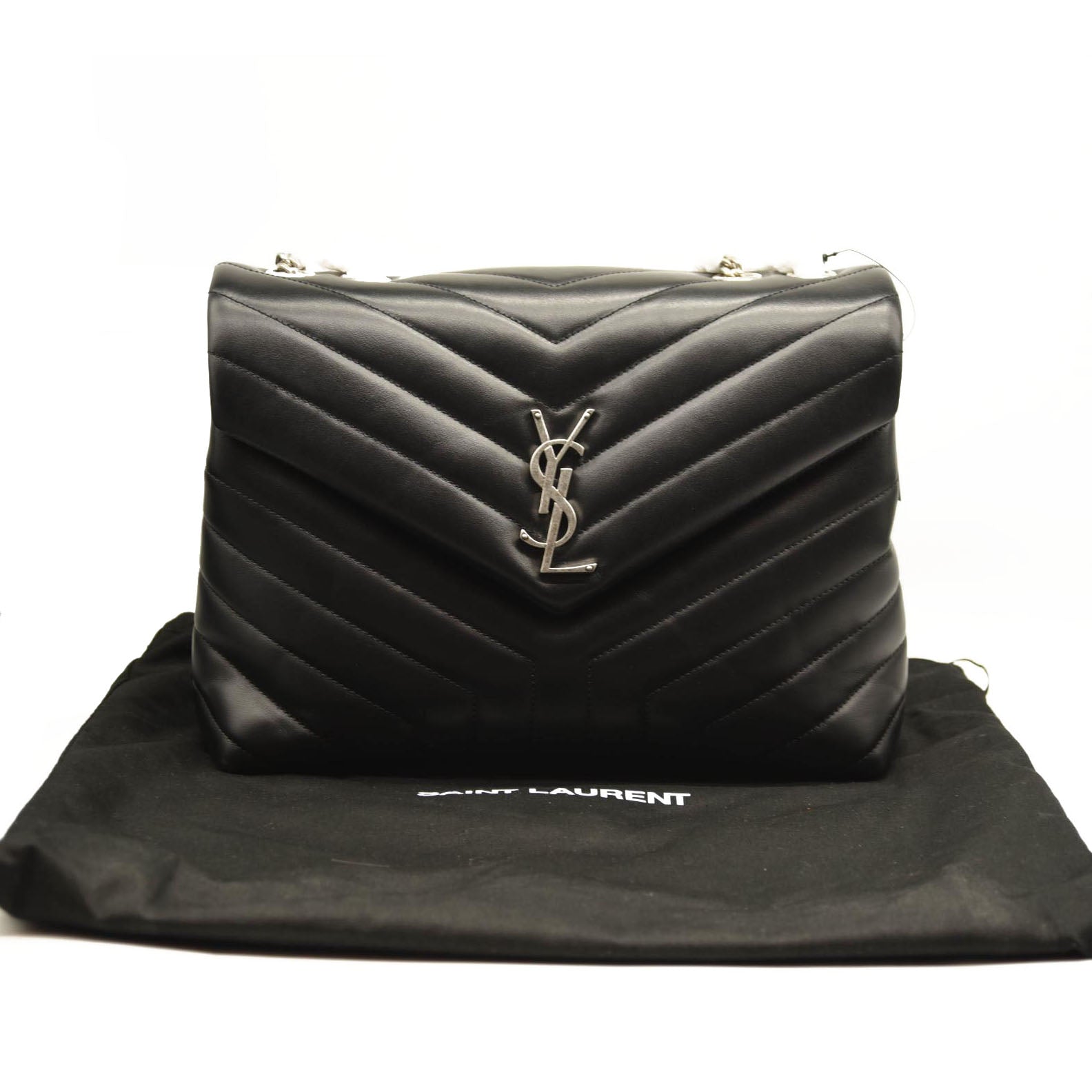 NEW SAINT LAURENT Calfskin Y Quilted Monogram Medium Loulou Chain Satchel Black