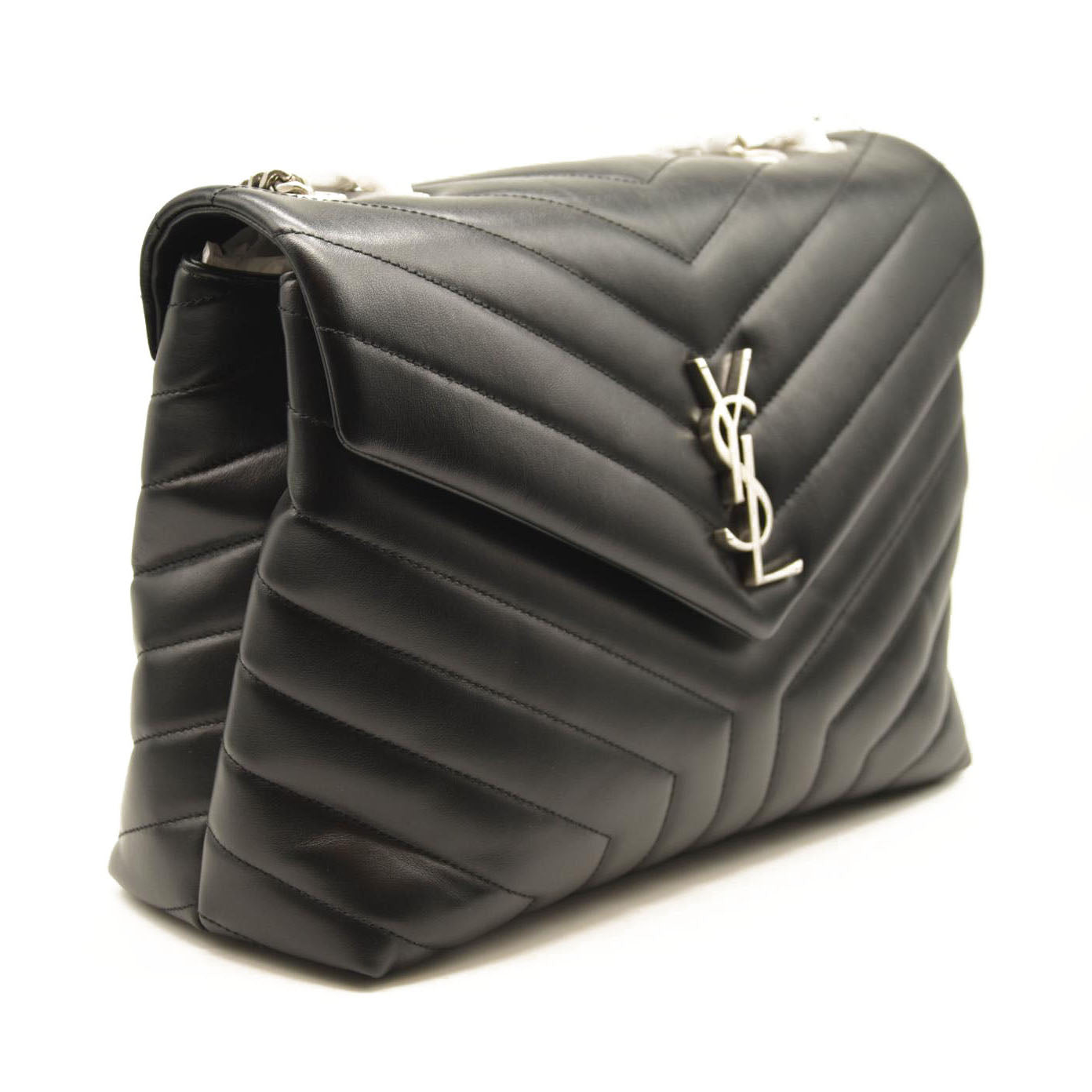 NEW SAINT LAURENT Calfskin Y Quilted Monogram Medium Loulou Chain Satchel Black