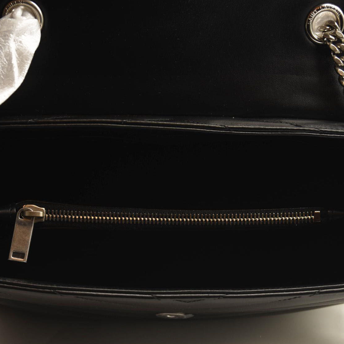 NEW SAINT LAURENT Calfskin Y Quilted Monogram Medium Loulou Chain Satchel Black