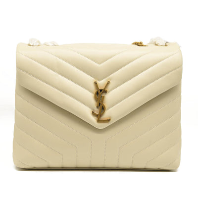 NEW SAINT LAURENT Calfskin Y Quilted Monogram Medium Loulou Chain Satchel Crema Soft