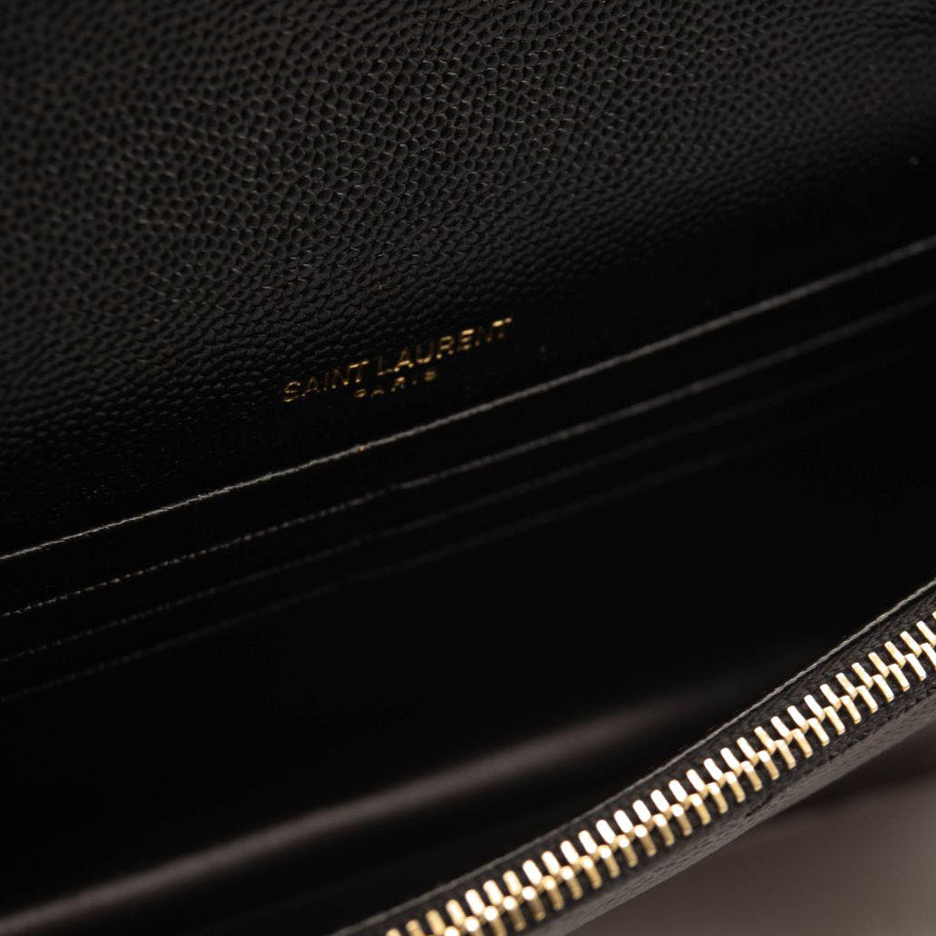NEW SAINT LAURENT Grain De Poudre Matelasse Chevron Monogram Chain Wallet Black