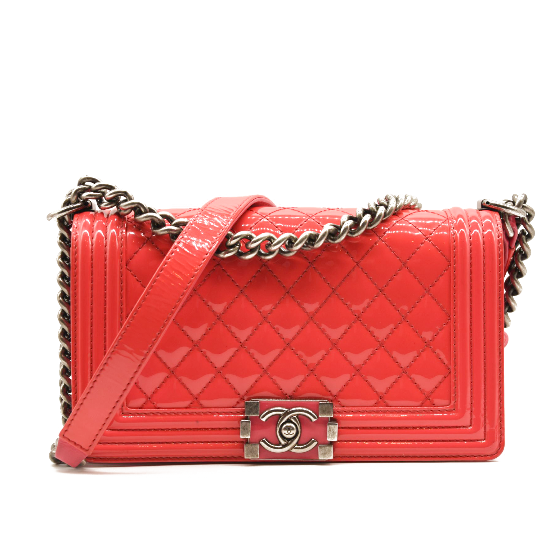 Chanel Patent Calfskin Enamel Quilted Medium Boy Flap Dark Pink