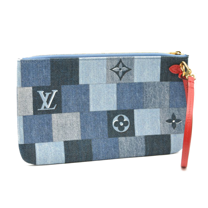 Louis Vuitton Denim Damier Monogram Patchwork Neverfull MM Pochette Blue Rouge